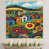 Colorful Folk Art Canvas – Bright Village Houses and Whimsical Wildflowers on Rolling Green Hills on Ready to Hang 1.5" Thick Canvas Wrap, Floating Framed Canvas, Flat Rolled Canvas